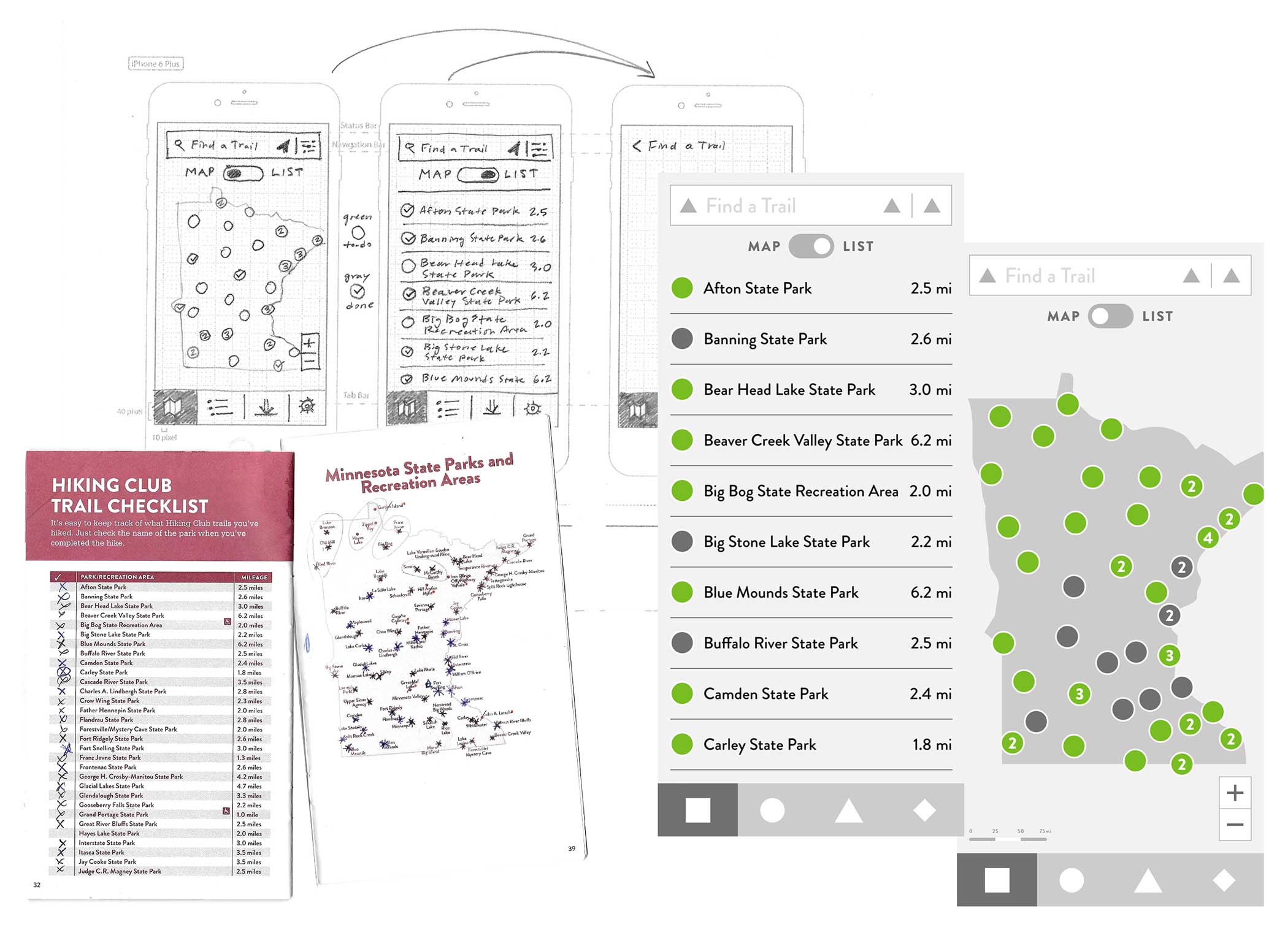 interior of hiking club booklet compared to sketched wireframes behind low-fidelity mockups