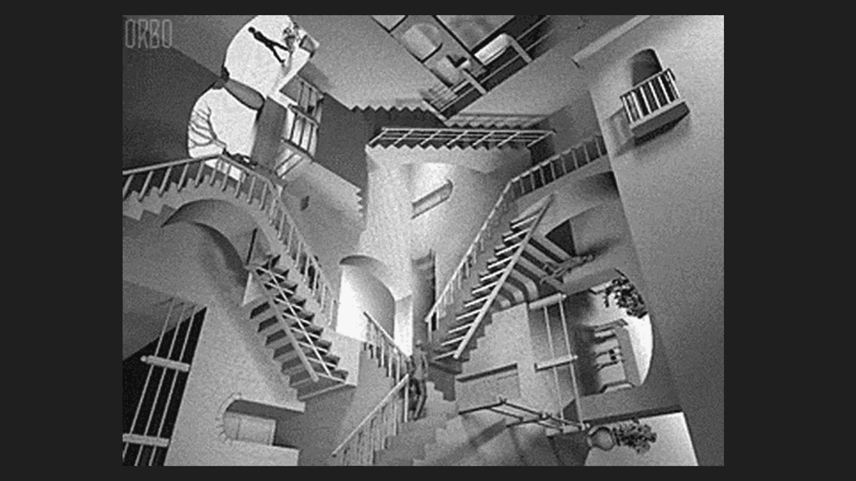 a black and white photo of an optical illusion human-like models walking on stairs in a building