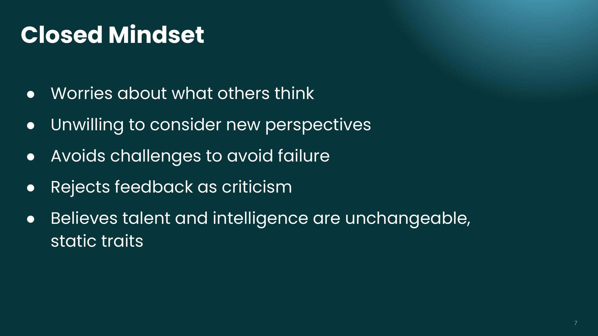 slide listing the characteristics of a closed mindset on learning and growth