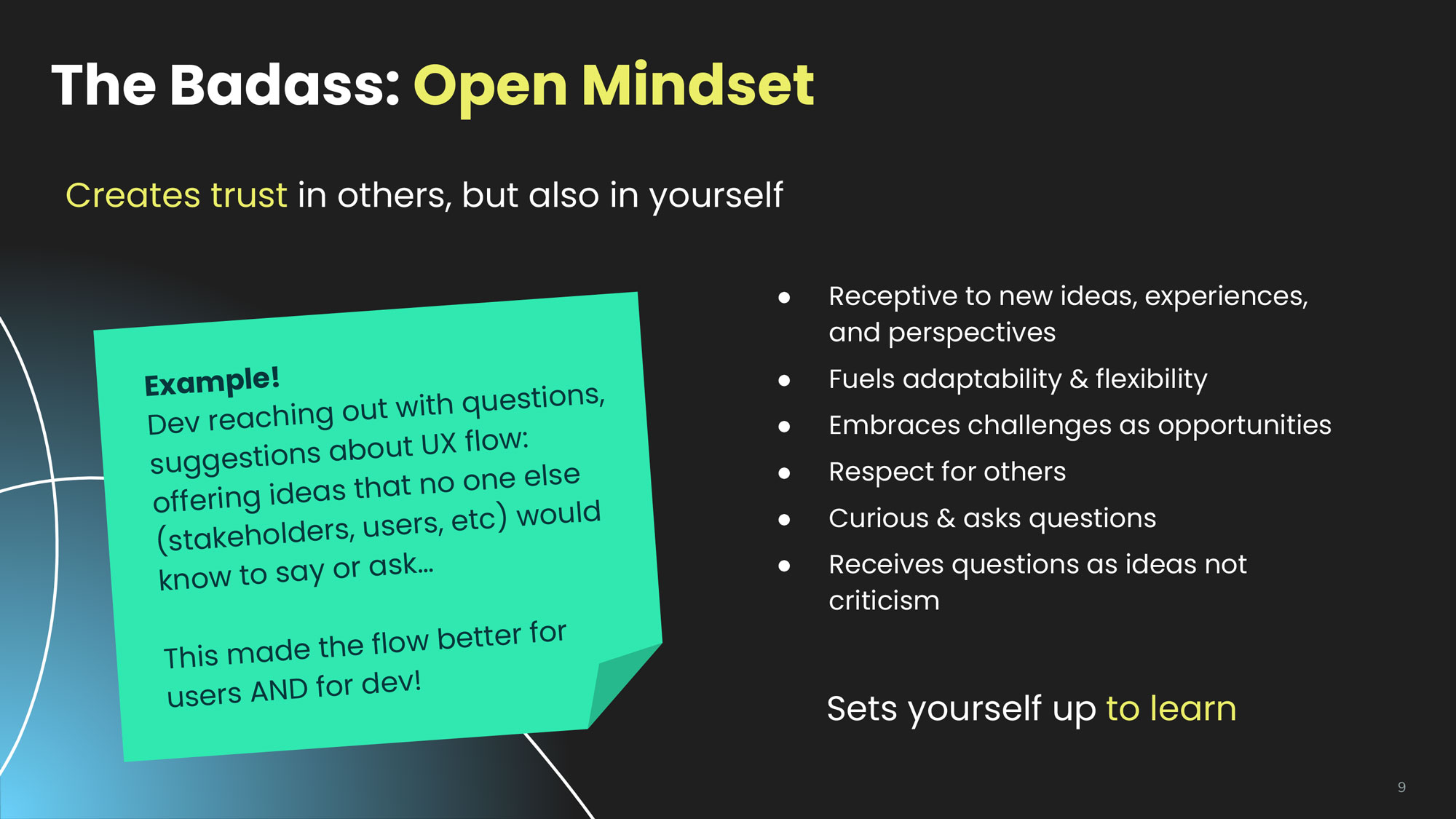 slide describing the characteristics of an open mindset on learning and growth